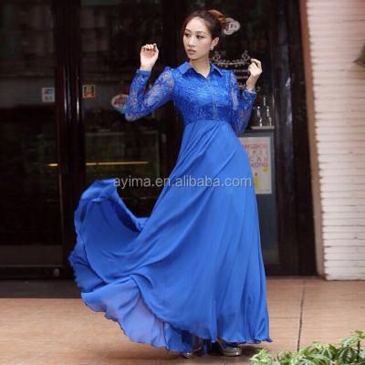 China Anti-Static Hot Selling Long Sleeve Lace Maxi Dress Navy Plain Chiffon Muslim Women Dress Long Muslim Dress Chiffon for sale