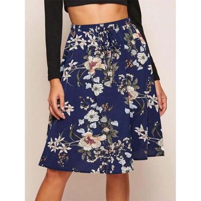 China Anti-Static Elegant Ladies A-Line Skirts Fashion High Waist Cotton Floral Print Knee-Length Skirts For Women for sale