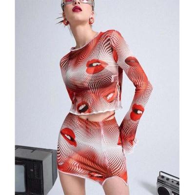 China Waterproof 2022 Summer New Arrival Polka Dot And Lip Print Mesh Top And Slit Skirt Without Lingerie for sale