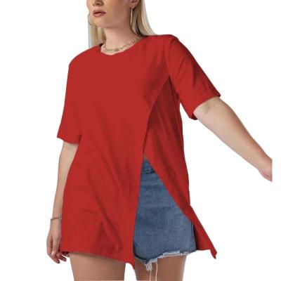 China Anti-Wrinkle Fashion Combed Cotton T-Shirts Plain Side Split Long Women's Tunic T-Shirts for sale