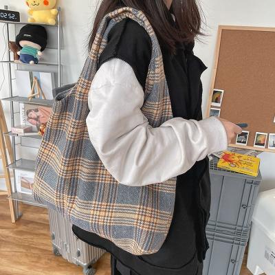 China Fashion 100% cotton canvas plaid single-shoulder ladies shopping bag women khaki tote bag eco-friendly/lightweight/cheap women bag women for sale