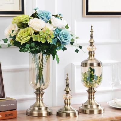 China Traditional Gold Metal Vase Centerpiece Cemetery Wedding Flower Cylindrical Metal Table Vases Jars for sale