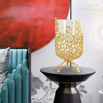 China Traditional Flower Vases For Homes Gold Glass Vase With Metal Stand Decorative Home Dubai Copper Vase for sale