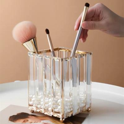 China Viable Creative Round Square Clear Acrylic Metal Crystal Cosmetic Makeup Brush Holder Pen Holder for sale