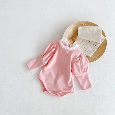 China Infant Lovely Baby Lace Round Collar Romper Infant White Long Sleeve Sheer Pink Baby Romper for sale