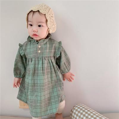 China Wholesale Fashion Trade Baby Dress Grid Green Color Breathable Baby Dresses Cotton Long Sleeve Baby Dress for sale