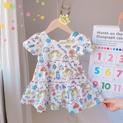 China Breathable Cartoon Print Customized Infant Girl Clothes Dress Breath Sleeve Bowknot Baby Back Dress for sale