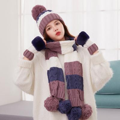 China Square 3 Piece Pom Poms Ski Assortment Knit Beanie 2020 Winter Woman Hat Gloves And Scarf Set for sale