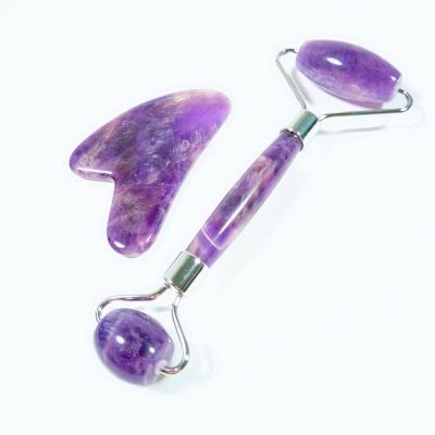 China 2022 Europe Wholesale Private Label Gua Sha Set Crystal Beauty Pink Stone Natural Amethyst Massage Facial Jade Roller for sale