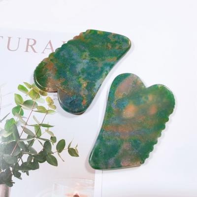 China Buy Bulk Face Moss Agate Jagged Square Shape Guasha Board Green Crystal Board Beauty Equipment for sale