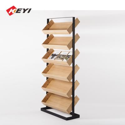 China Eco-friendly Customized Wooden Newsstand Literature Display Magazine Store Rack Metal Book Poster Display Stand for sale