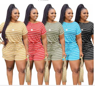 China QUICK DRY 200905 European And American Multi Color Stripe Short Sleeve Shorts Womens Suit Womens Two Piece Set for sale