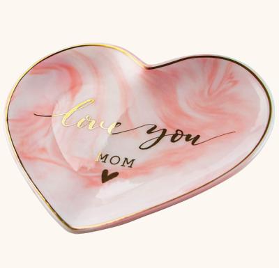 China Europe Rose Heart Shaped Ceramic Jewelry Tray Keychain Ring Tray for sale