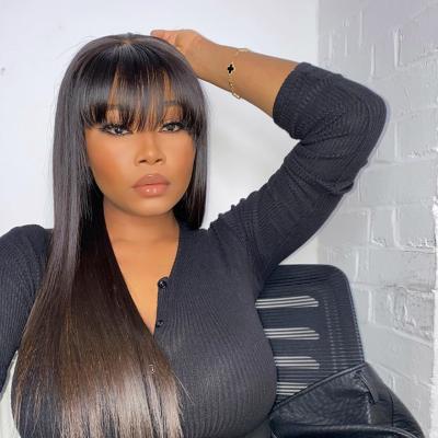 China Silky Straight Wave Glueless Lace Frontal Bangs Wigs Virgin Hair For Black Women 180 Density 13x4 Lace Front Human Hair Wigs Peruvian Bangs for sale