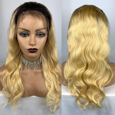 China No Tangle Pre Plucked 100% Virgin Human Hair Dark Roots Ombre Body Wave 1B 613 Blonde Lace Front Human Hair Wig for sale