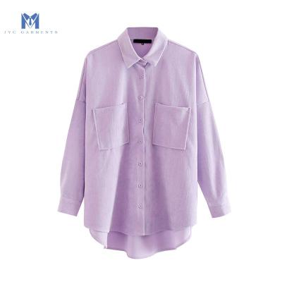 China Women's Anti-Pilling Fashion Pockets Oversized Vintage Long Sleeve Asymmetrical Loose Female Blouses Tops Corduroy Chic Shirts for sale