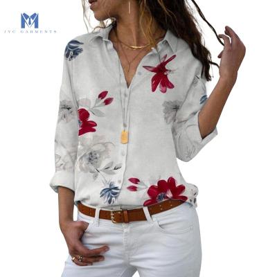 China Anti-pilling new fashion and design floral print beautiful white flower tops casual flowy satin shirt long sleeve tops for ladies for sale