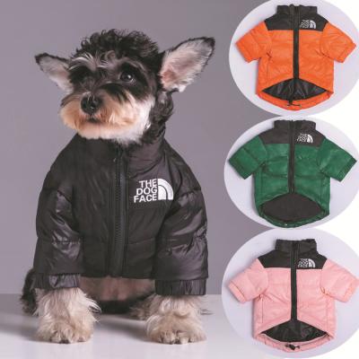 China Luxury Stocked Winter Thicken Pet Warm Jacket Coat Face Dog Embroidery Letters Waterproof Coat Dog Clothes for sale