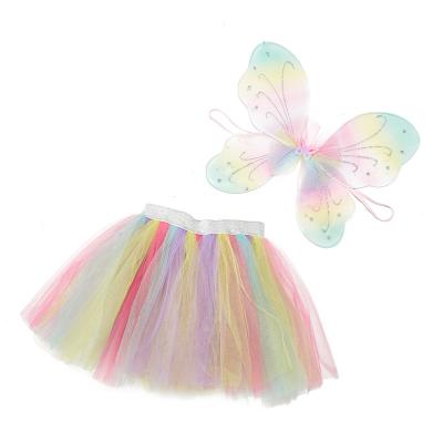 China New Design Anti-wrinkle Elegant Rainbow Shade Tulle Tutu Skirt Set Butterfly Wing Girl 2 Pack Dress For Party Birthday for sale