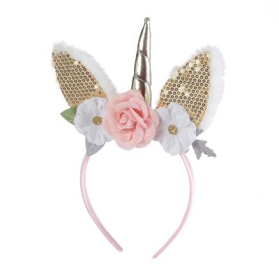 China New Sweet Girl Hair Accessories Unicorn Hair Band Gold Glitter Rabbit Ears Peony Unicorn Headband for sale