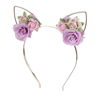 China Polyester& 2021 Metal New Products Halloween Headband Artificial Flower Crown Cat Ear Headband Halloween Party Headband for sale