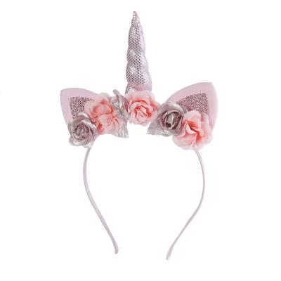 China Newly Unicorn Hair Band Flower Hair Garland Sweet Pink Party Floral Unicorn Headband for sale