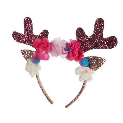 China Christmas Boutique Antler Deer Horn Sweet Hair Band /Lovely Sequin Flower Red Flashing Reindeer Headband For Girl Women Christmas Party for sale