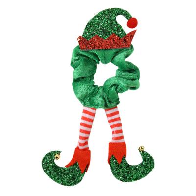 China Fashionable Green Christmas Party Accessories Hair Bows Women Girls Santa Claus Hair Scrunchies Xmas Hat and Glitter Leg for sale