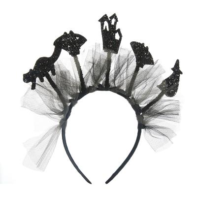 China Beautiful Halloween Element Black Cat Witch Castle Bat Sequin Headband With Tulle Party Hair Accessories for sale