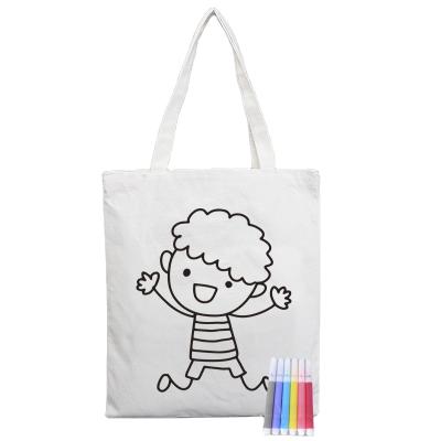 China Fashionable kids cheap fun painting full color printing diy coloring tote bag for kids DIY bag tote cotton canvas diy painting bag for sale