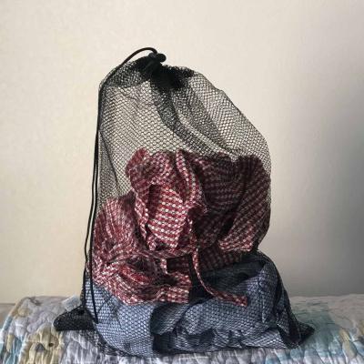 China Washable Custom Logo Polyester Net Drawstring Mesh Laundry Bag With Plastic Stopper for sale