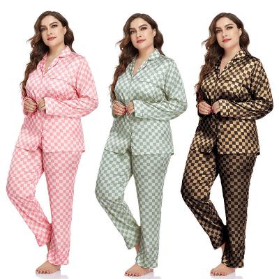 China Wholesale Size Lady Pajamas Cardigan Ice Silk Long Sleeve Plus Size Silk Pants Home Clothes Women's Pajamas Set for sale