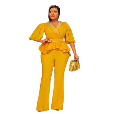 China Viable Women's Fashion Plus Size Top And Pants Set Office Lady Solid Color Two-Piece Suit for sale