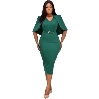 China Wholesale Washable Plain Sleeveless V Neck Wraps Pencil Midi Sexy Slim Dress With Belt Africa Plus Size Lady Formal Party Office Dress for sale