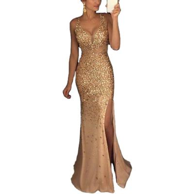 China Hot Lady Evening Party Cocktail 2022 Women's Drilling Sequin Slim Dress V-Neck Mesh High Slit Anti-Static Sleeveless Sexy Dress Long for sale