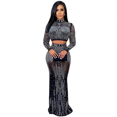 China Sexy Elegant Rhinestone Mesh Dress Anti-Static Women's Dress See High Collar Waist 2 Open Skirt Two-Piece Sets For Women for sale