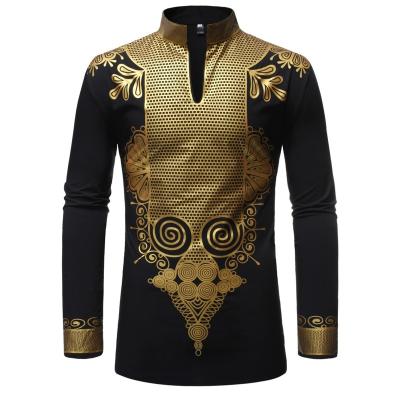 China New Polyester Fashion Middle East Men Long Sleeve Shirt Ethnic Africa Print Shirt Streetwear Stand Collar Muslim Casual Male Shirt Dress for sale