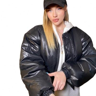 China Anti-wrinkle winter parkas thick warm short women fashion black PU leather coats women stylish zipper cotton jackets feminine ladies for sale