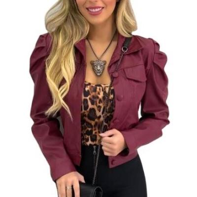 China new Anti-wrinkle fashion women lapel button pure color turn down short collar PU style cardigan leather jacket for sale