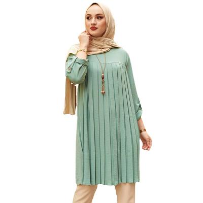 China Anti-pilling New Middle East S-5XL Women Long Sleeve Loose Lady Pink Muslim Pleated Shirt Dress Long Tops O-neck Solid Color Blouse Sweater for sale