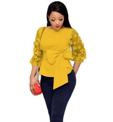 China Anti-Wrinkle In Summer Design African Women Wholesale Plus Size Bow Blouse Causal Loose Lady's Mesh Shirt Half-sleeve for sale