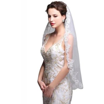 China Pearl Edge Bridal Veil Chapel Wedding Veil With Sequined French Lace Sweep Lower Veil for sale