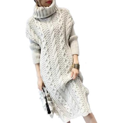 China Anti-wrinkle long women's pullover thick sweaterdress loose high neck puff sleeve maxi knitted white jumper dress for sale