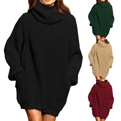 China Wholesale Anti-Wrinkle Loose Women's Dresses Women Crochet Ribbed Knit Turtle Neck 2022 Oversized Dresses Long Sleeve Casual Sweater Dress for sale