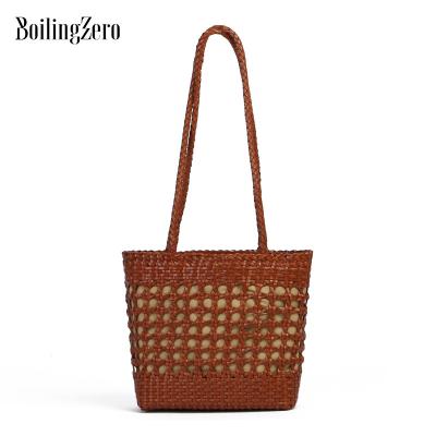 China High Quality SALAMANDRE Leather Bags Woven Bonded Tote Handcrafted Woven Handbag Shoulder Bag Hollow Out Vintage Style For Lady for sale