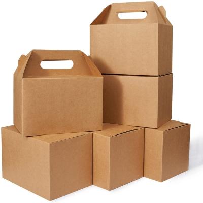 China Large Recycled Materials Cardboard Paper With Handles Kraft Paper Barn Style Carry Out Lunch Boxes Brown Gable Gift Party Favor Box for sale