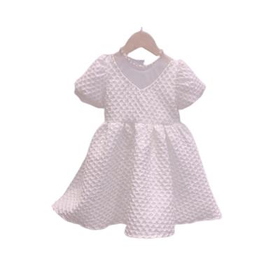 China Anti-wrinkle Pink/White Crew Neck Kids Summer Birthday Sleeve Puff Dresses For Girls for sale