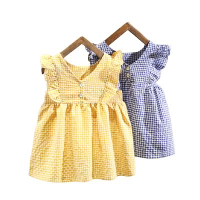 China Washable Ruffles Sleeves Design Bow Knot Sash Plaid Sleeveless Kids Wear Dress for sale