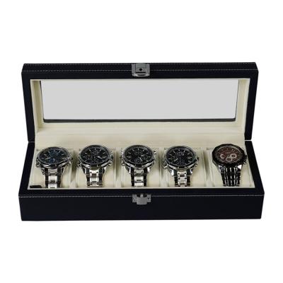 China 5 Unfinished OEM Handmade Black Leather Watch Organizer Box Slot PU Watch Glass Jewelry Storage Display Case for sale