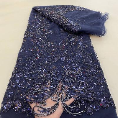 China Viable French Elegant Butterfly Bead Handmade Sequined Lace Embroidered High End Dress Fabric Wedding for sale